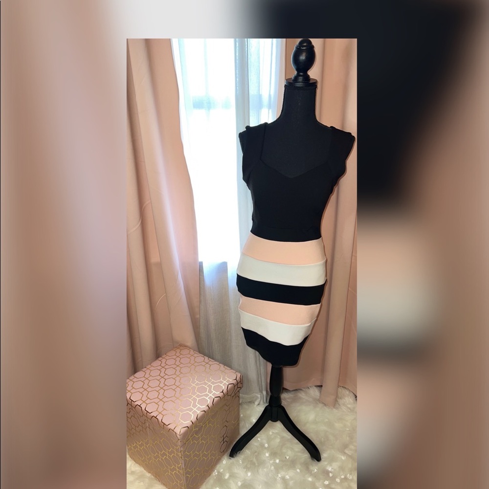 Windsor Black White and Pink Striped Sleeveless Dress Mesh Midriff